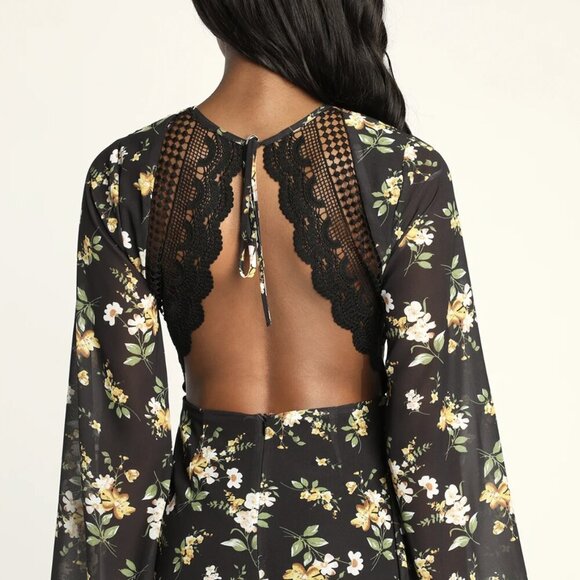 NWT Lulus Poised and Playful Black Floral Long Sleeve Backless Romper (size S) - Picture 3 of 9
